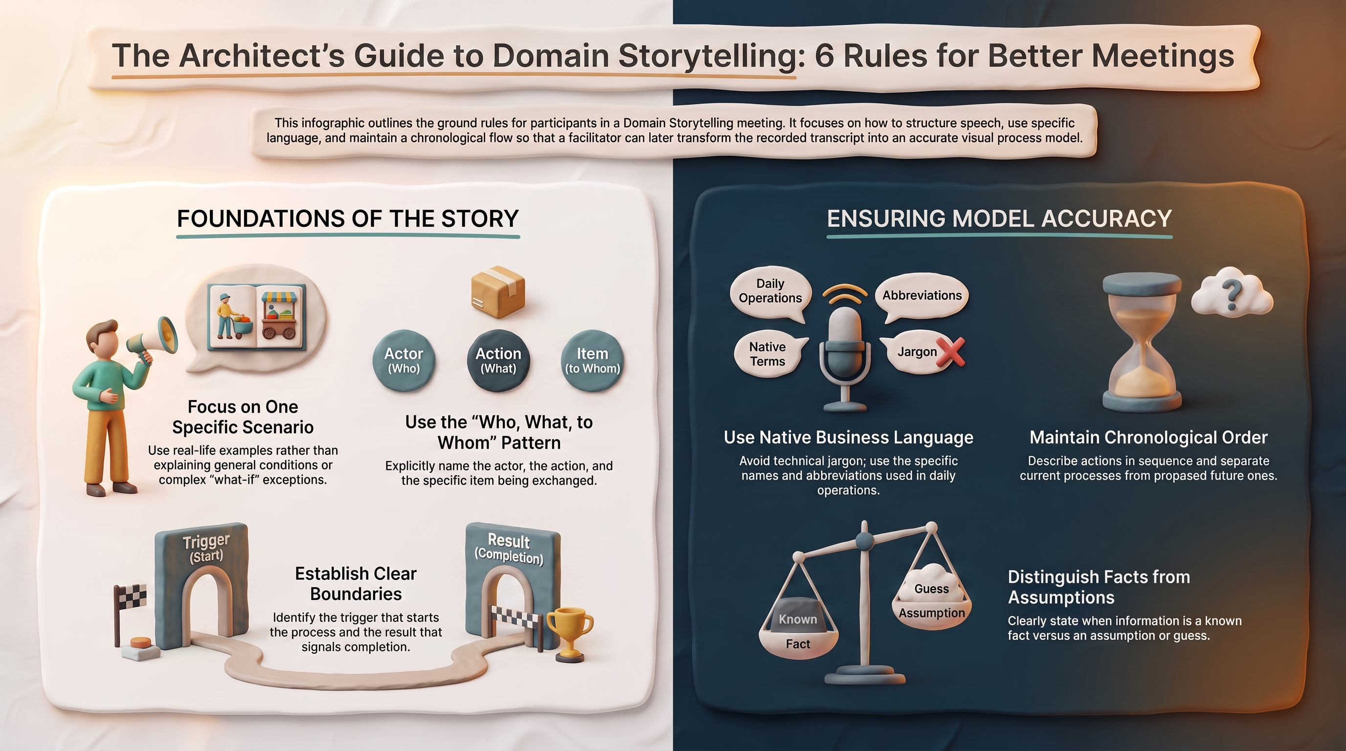 Infographic summarizing the 15 rules below for running a meeting that becomes a domain story
